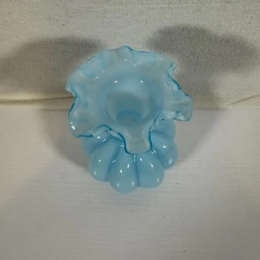 Vintage Fenton Blue Pastel Milk Glass Melon Vase Crimped Ruffled Rim 6.75